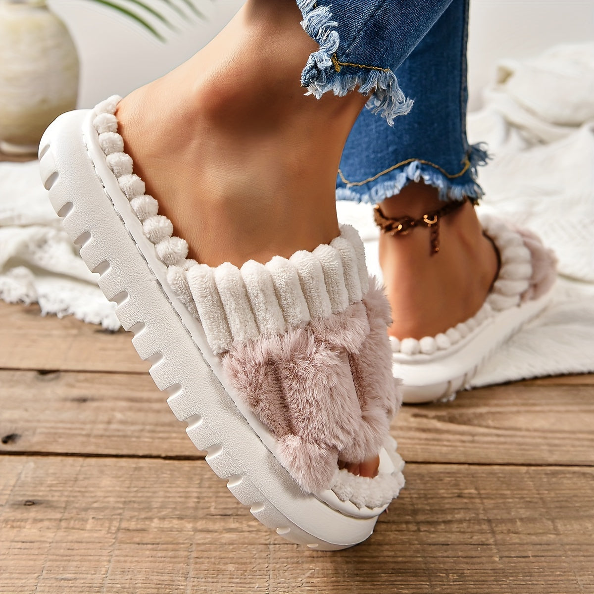 Honeycomb Plush Slippers For Women, Cozy & Warm Soft Sole Open Toe Shoes