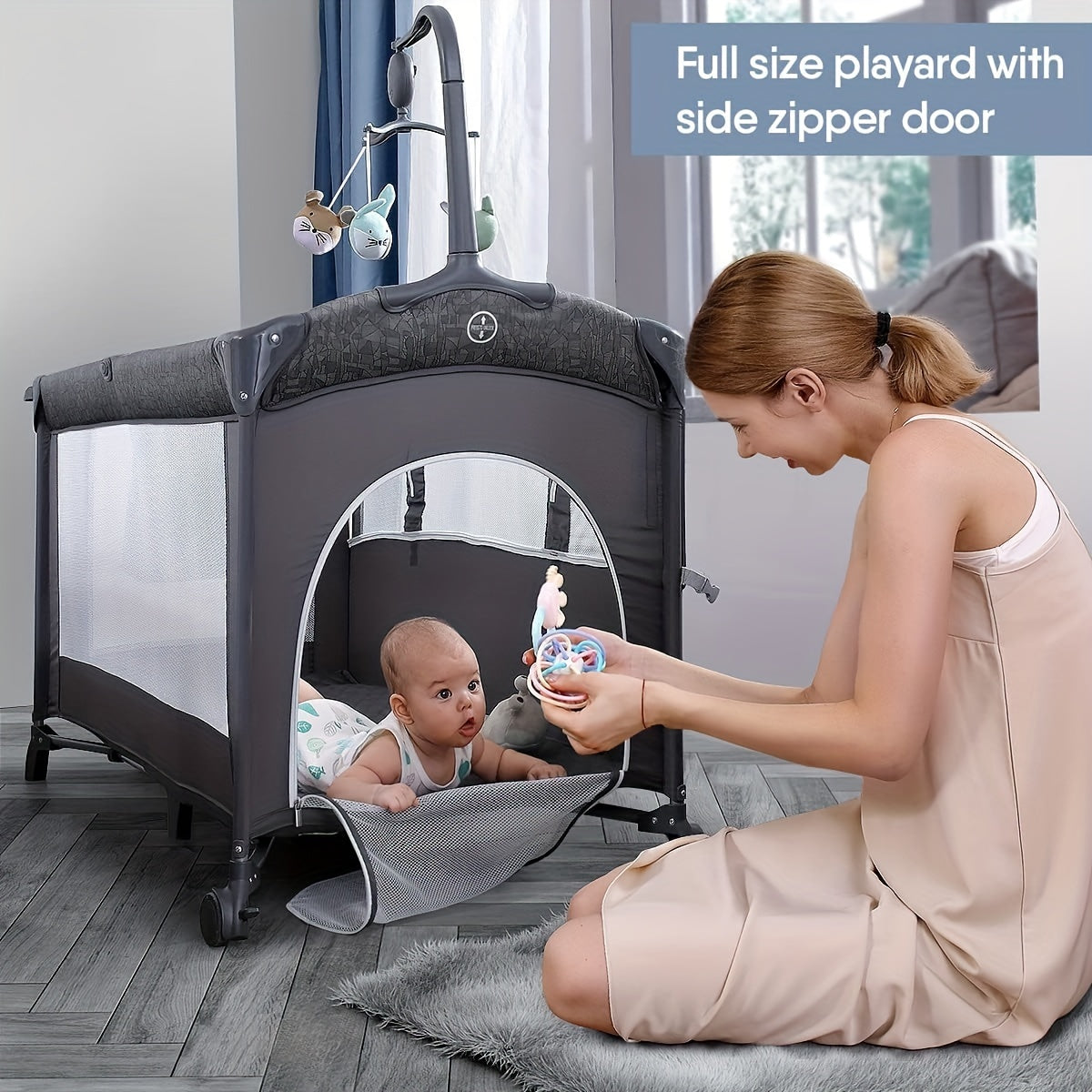 4 In 1 Wide Bassinet, Pack And Play With Sheet, Diaper Changing Table And Music Mobile With Storage