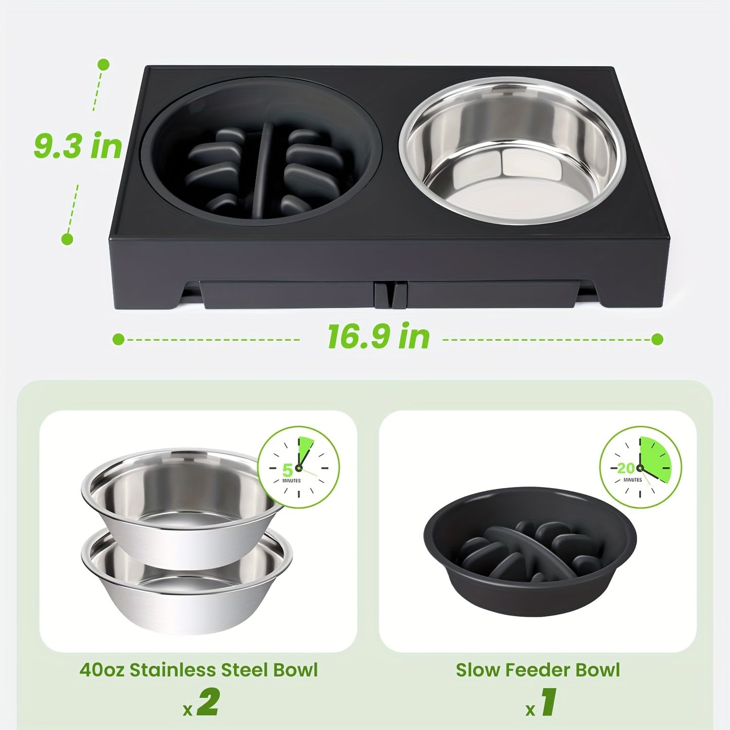 2 Stainless Steel Dog Food Bowls + 1 Slow Feeder Bowl -  5 Adjustable Heights Elevated Stand, for all dogs