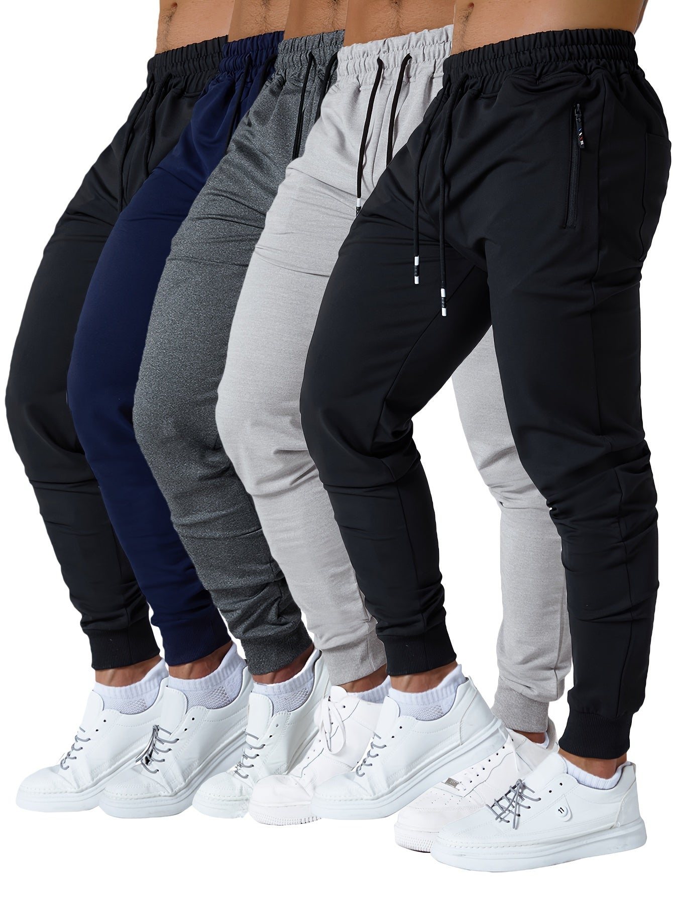 5 Pcs Men's Slim Fit Jogger Sweatpants - Medium Stretch, Zipped Pockets