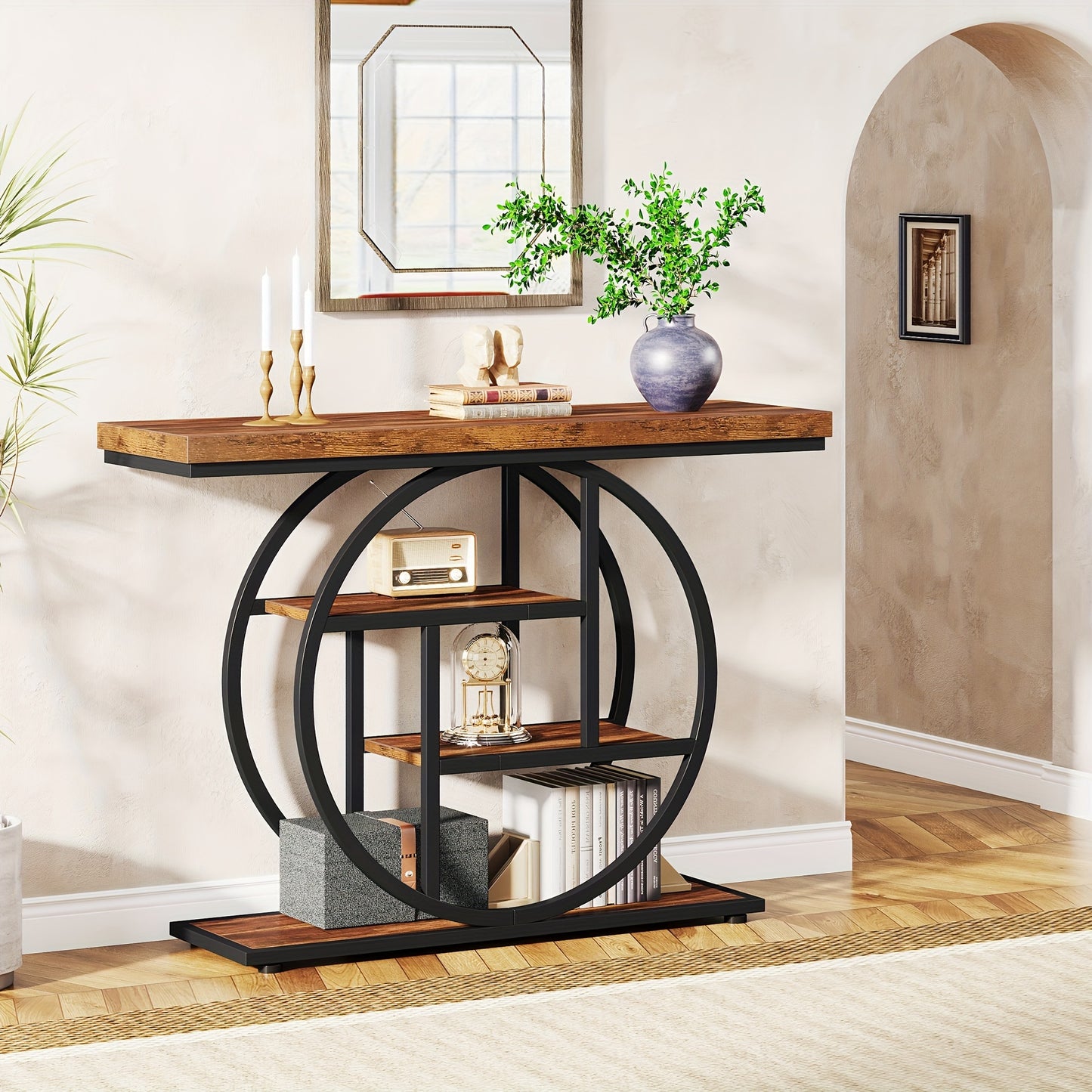 41.3" Rustic Brown Circle Base Console Table with 4-Tier Storage Shelves