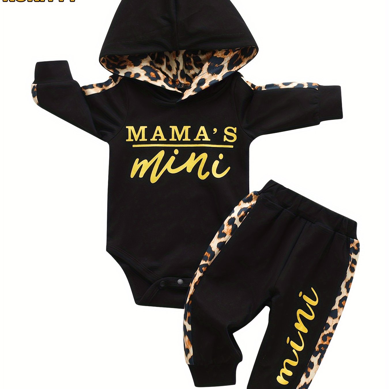 KuKitty Infant Baby Girl Long Sleeve "Mama's Mini" Pullover Hooded Top and Leopard Pant Set