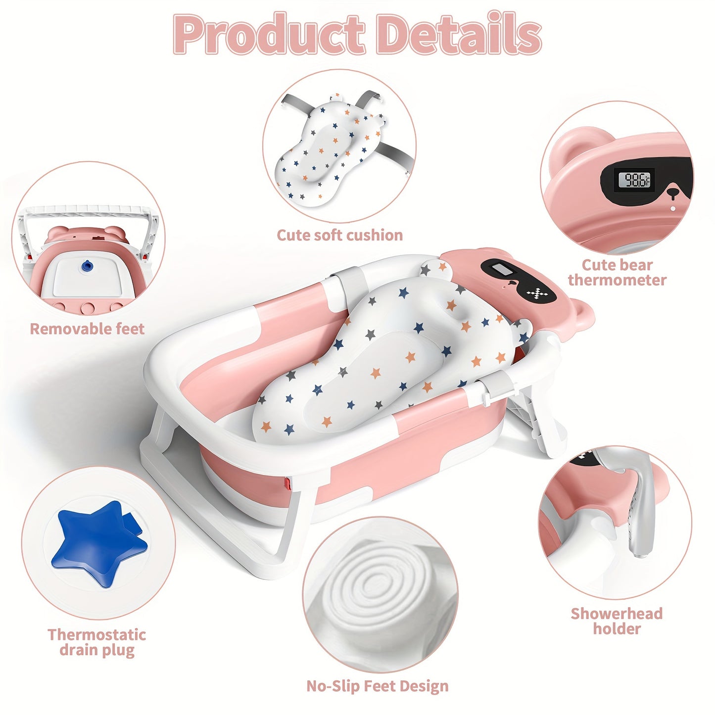 Baby Tub With Soft Cushion And Thermometer With Drain Hole - Newborn To Toddler