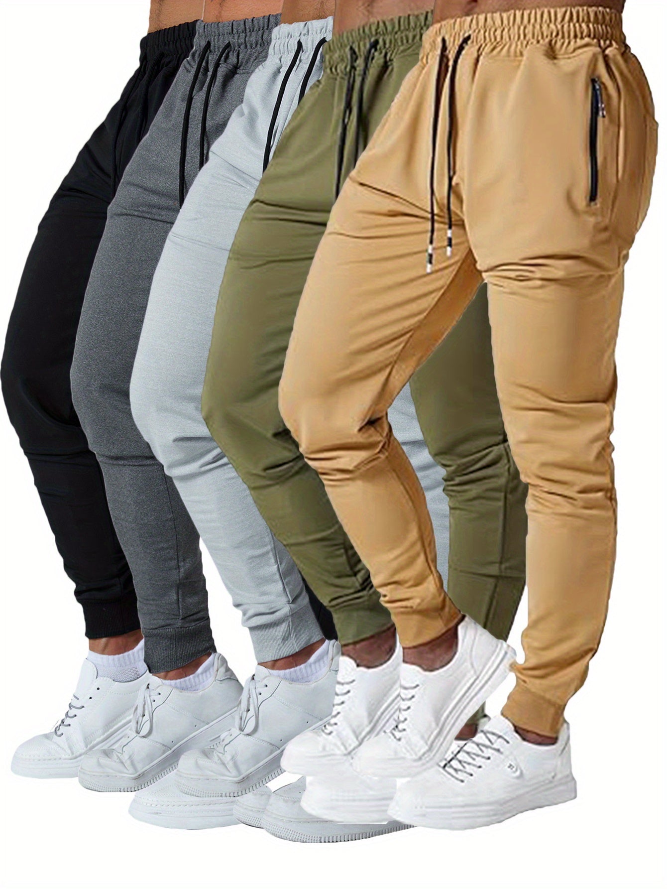 5 Pcs Men's Slim Fit Jogger Sweatpants - Medium Stretch, Zipped Pockets