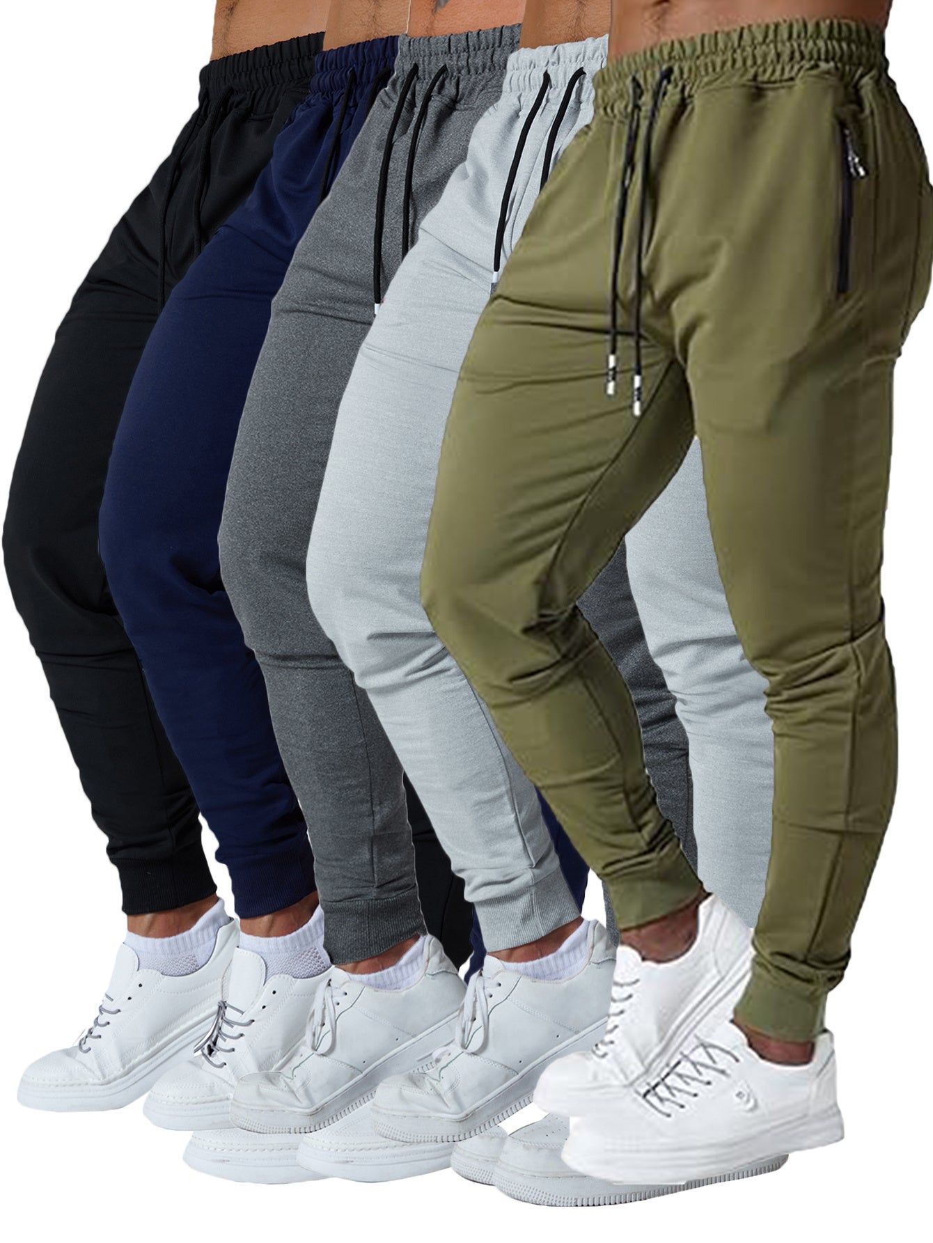 5 Pcs Men's Slim Fit Jogger Sweatpants - Medium Stretch, Zipped Pockets