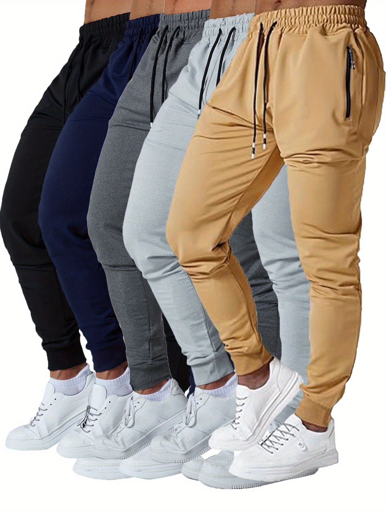 5 Pcs Men's Slim Fit Jogger Sweatpants - Medium Stretch, Zipped Pockets