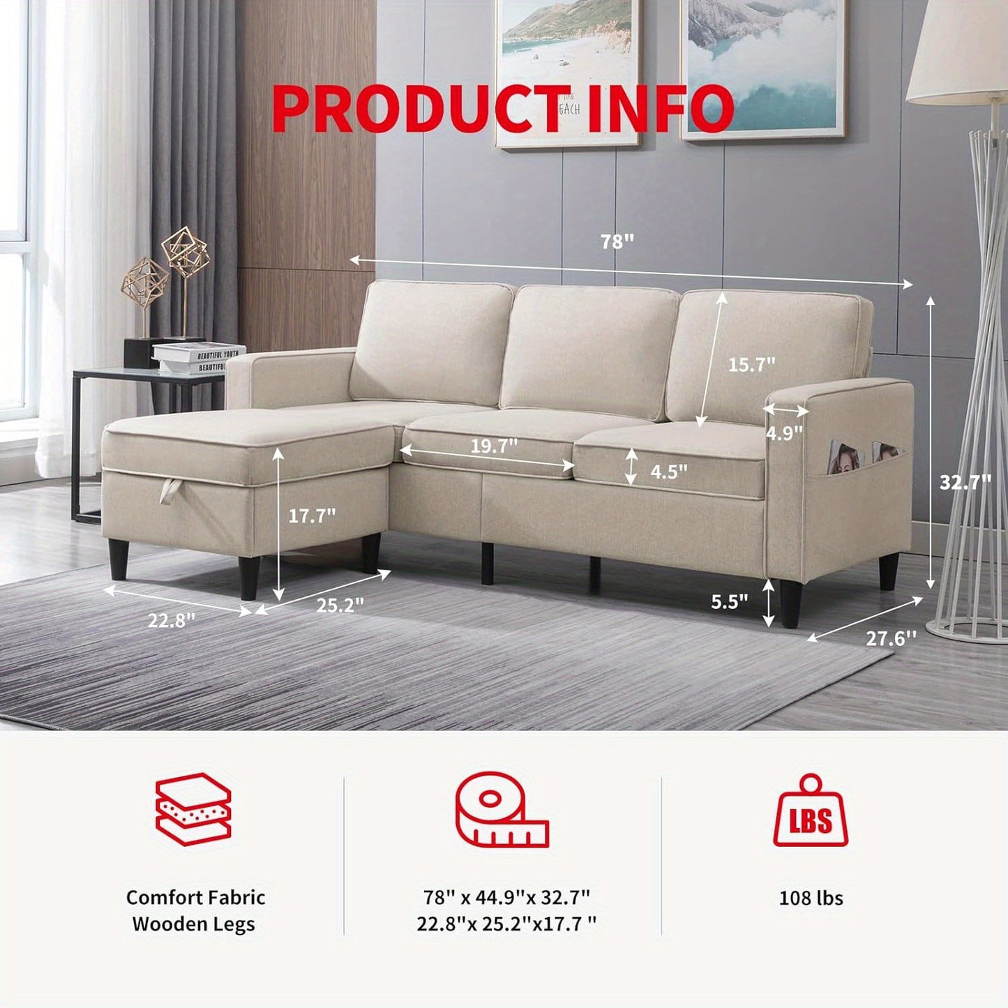 78-Inch (about 198.1cm) Convertible Sectional Sofa,