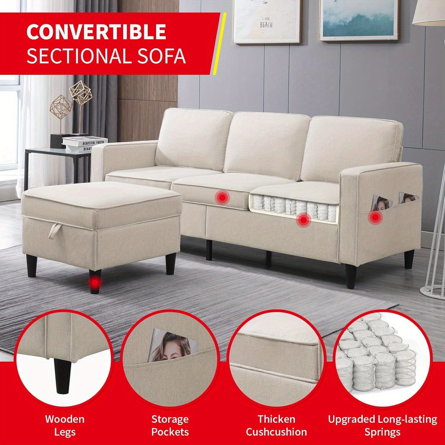 78-Inch (about 198.1cm) Convertible Sectional Sofa,