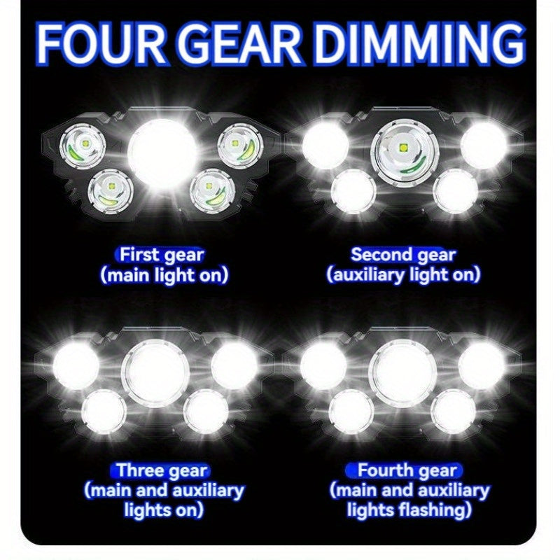 Buy 1 Get 1 Free, Total Of 2pcs Multifunctional 5LED Headlight Head Mounted Flashlight Outdoor USB