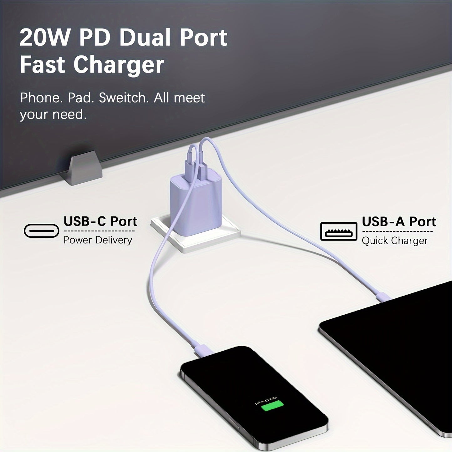 USB-C Fast Charging Two-port Power Adapter with 6-foot Cable,