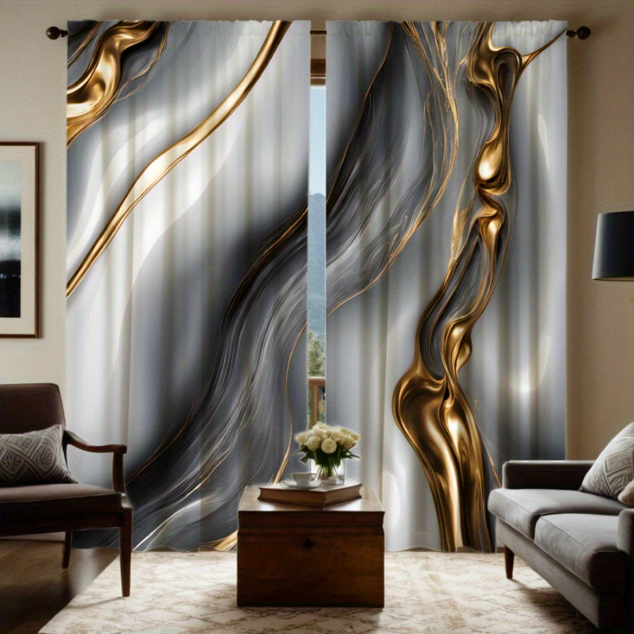 2pcs Modern Golden & Gray Wave Print Curtains - Rod Pocket Design for Easy Hanging