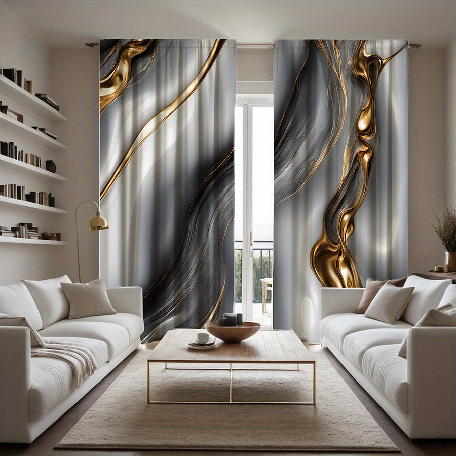 2pcs Modern Golden & Gray Wave Print Curtains - Rod Pocket Design for Easy Hanging