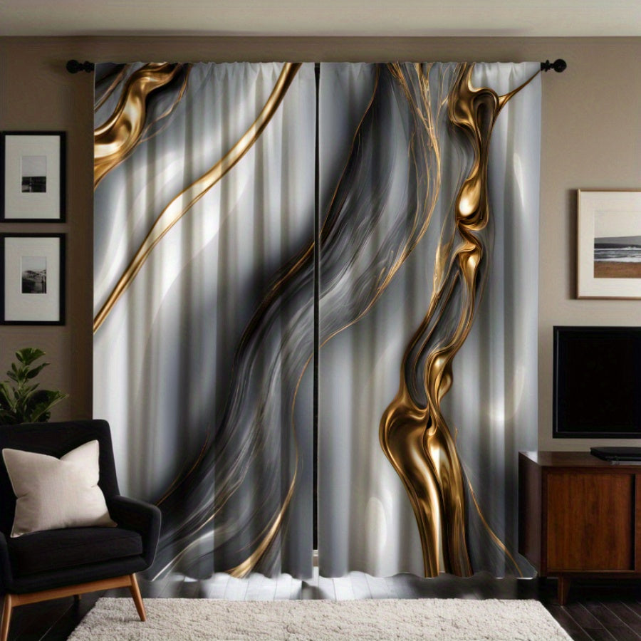 2pcs Modern Golden & Gray Wave Print Curtains - Rod Pocket Design for Easy Hanging