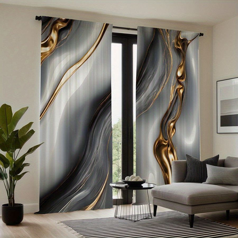 2pcs Modern Golden & Gray Wave Print Curtains - Rod Pocket Design for Easy Hanging