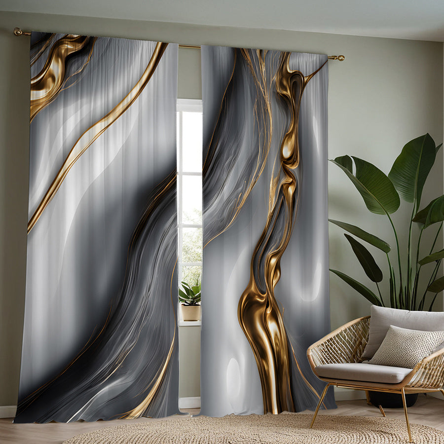 2pcs Modern Golden & Gray Wave Print Curtains - Rod Pocket Design for Easy Hanging