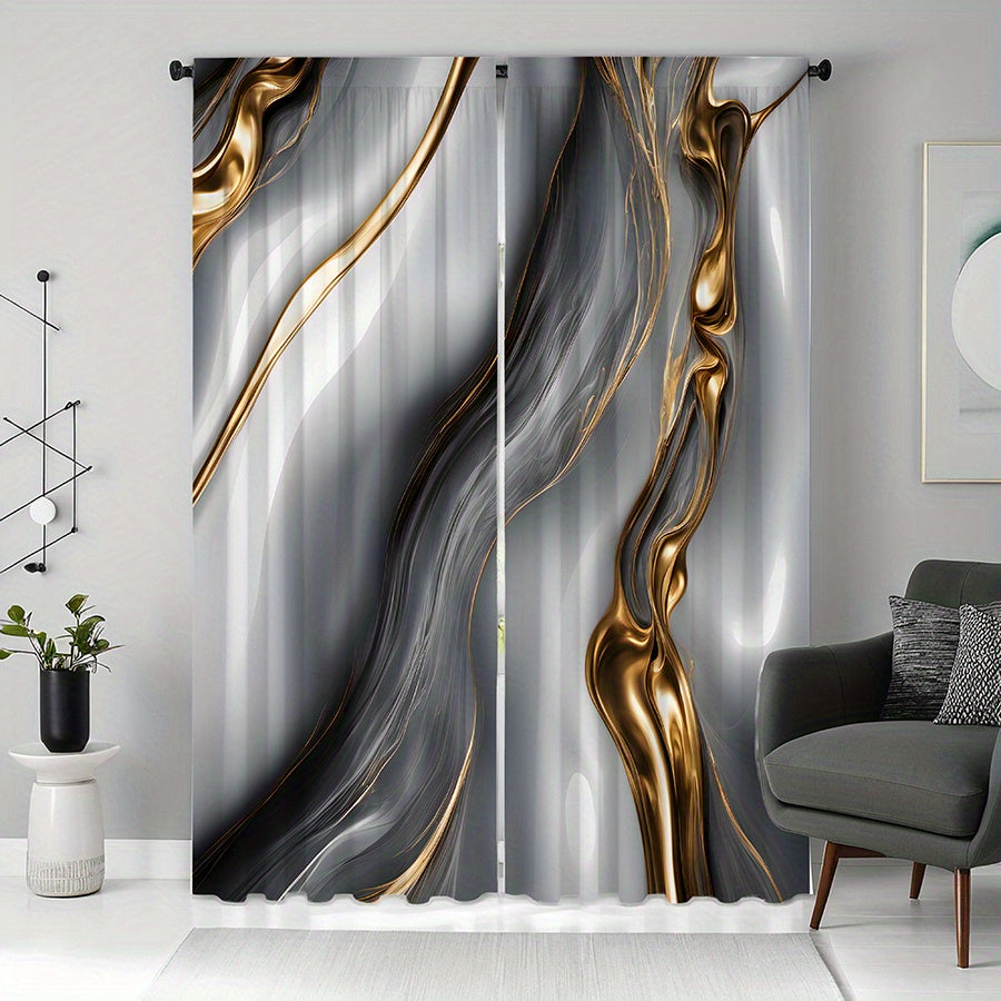 2pcs Modern Golden & Gray Wave Print Curtains - Rod Pocket Design for Easy Hanging