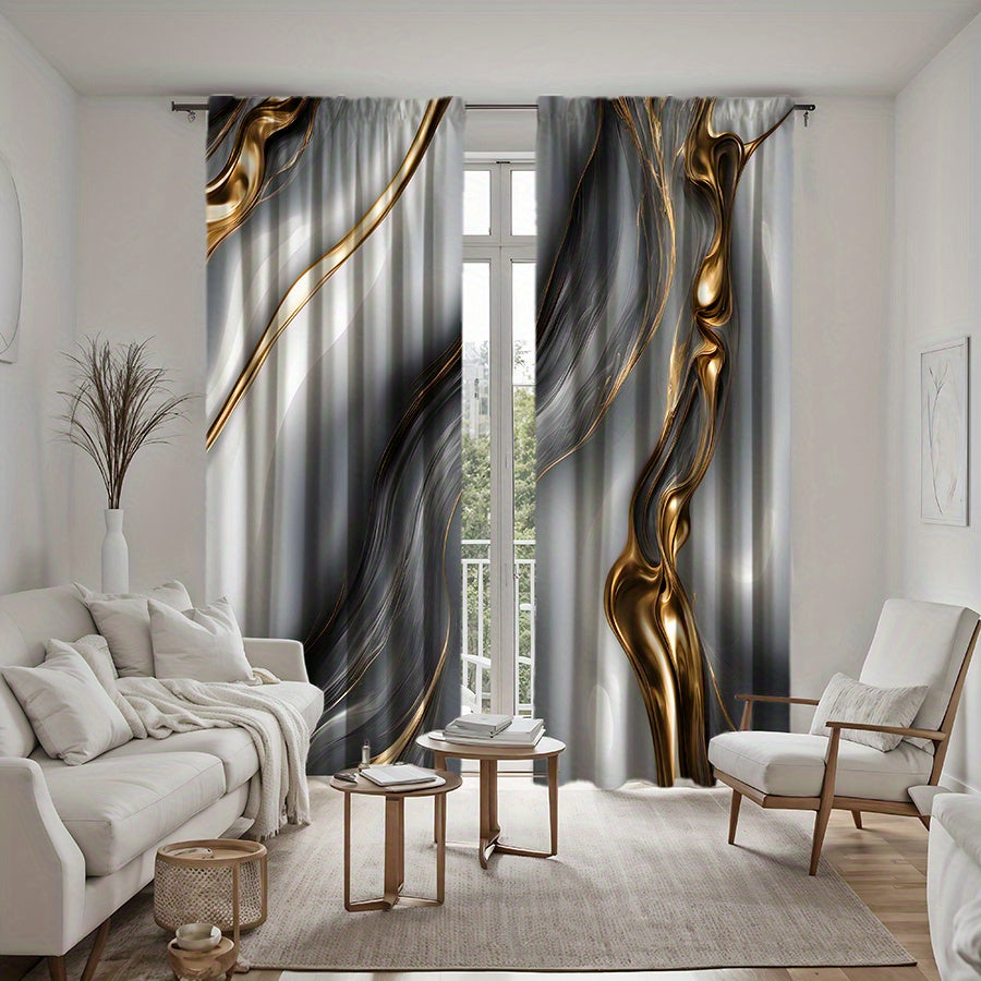 2pcs Modern Golden & Gray Wave Print Curtains - Rod Pocket Design for Easy Hanging