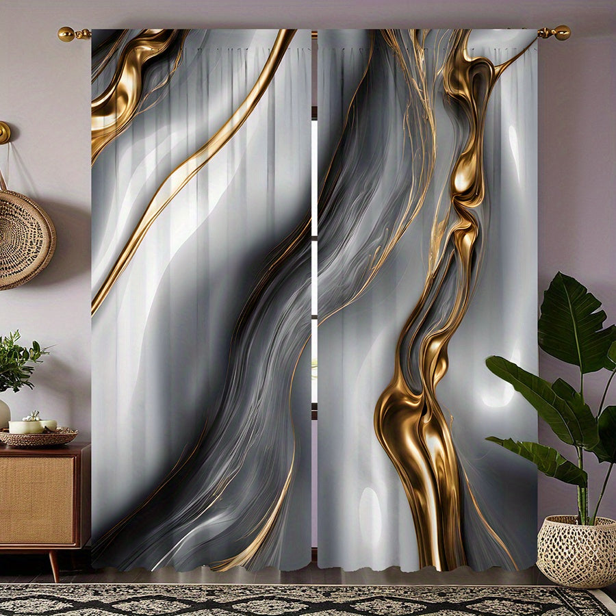 2pcs Modern Golden & Gray Wave Print Curtains - Rod Pocket Design for Easy Hanging