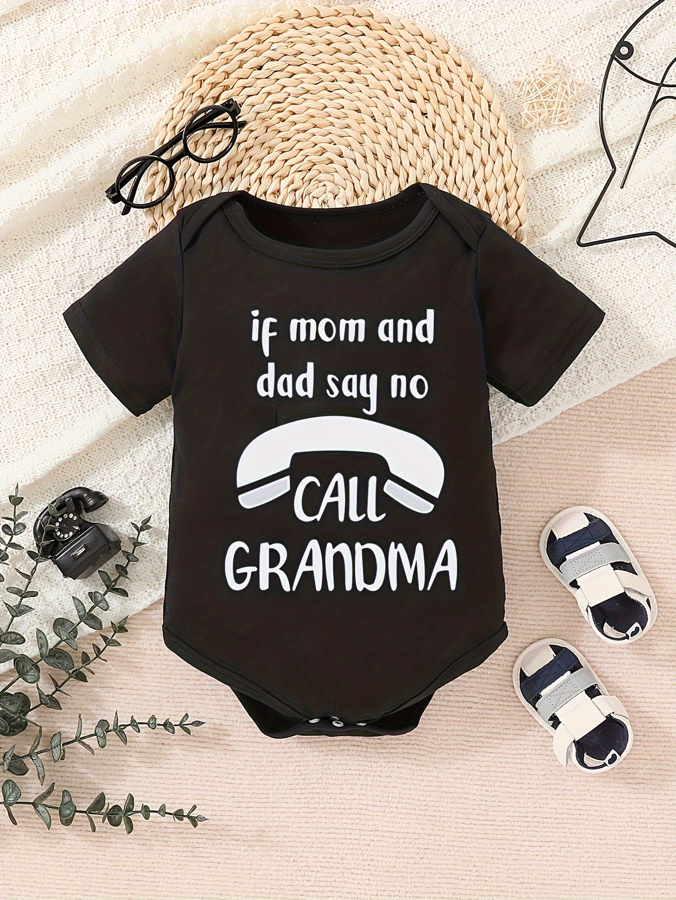 Baby Boys Comfy Short Sleeve, Black Romper With Fun "Call Grandma" Casual Outfit For Boys