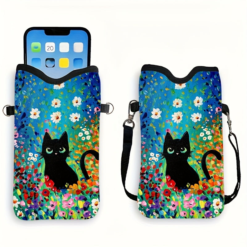 Floral Black Cat Print Faux Leather Phone Pouch with Adjustable Lanyard - Waterproof