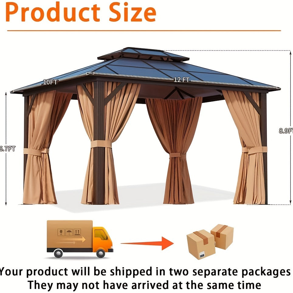 Outdoor Polycarbonate Gazebo, 10x12FT Heavy Duty Gazebo With Aluminum Frame Netting And Curtains