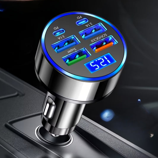 Fast 6-Port Car Charger with Voltage Monitor -- Universal USB C Car Charger with 2 PD and 4 USB Ports