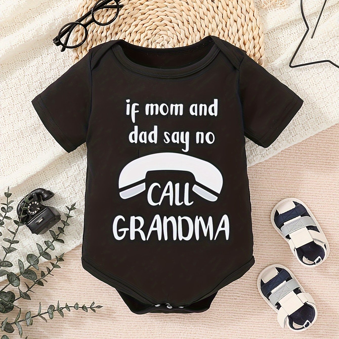 Baby Boys Comfy Short Sleeve, Black Romper With Fun "Call Grandma" Casual Outfit For Boys