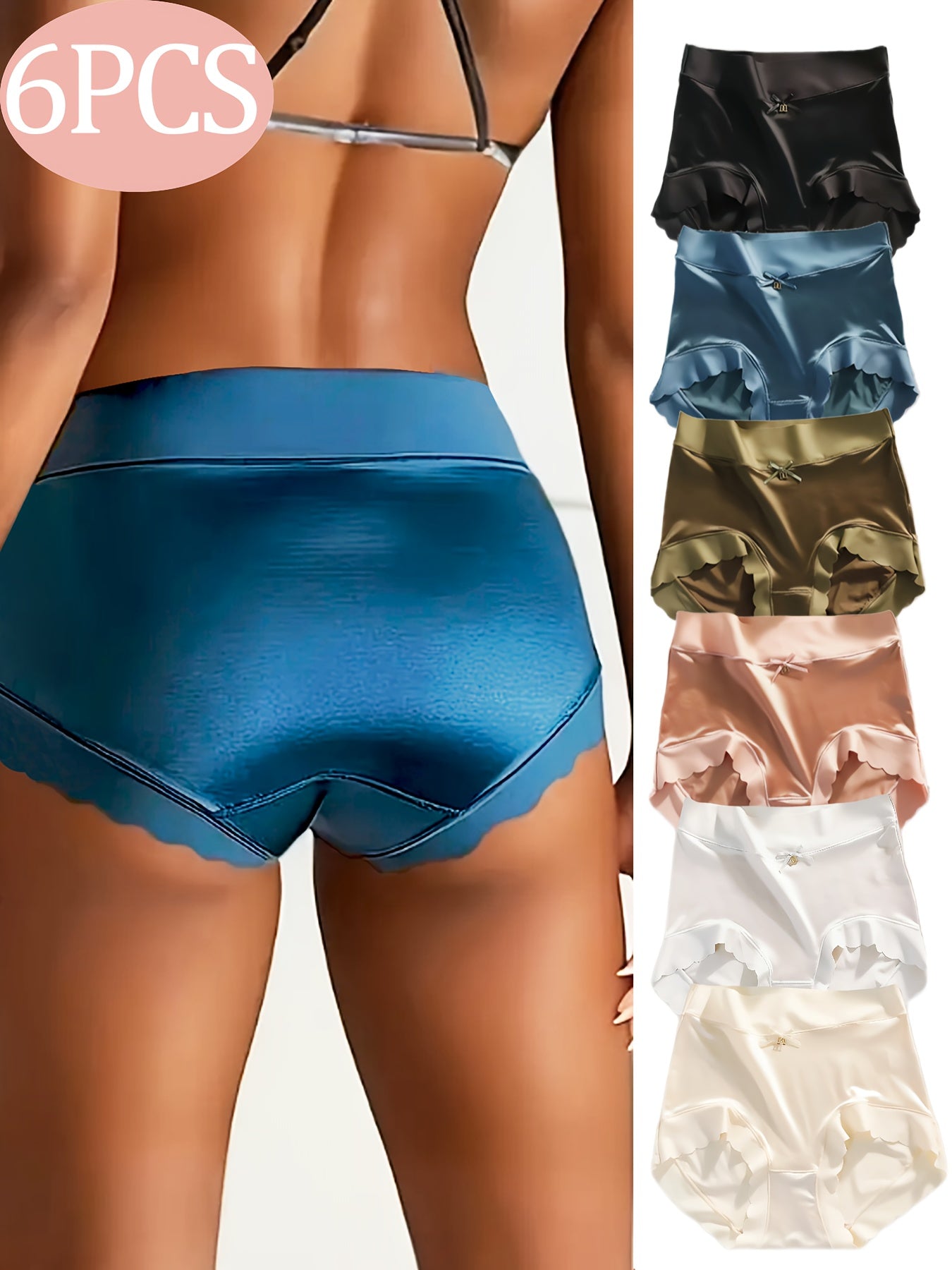 6-Pack Elegant Satin Bow Frill Trim Briefs, High-Waist Stretchy Elastic Panties