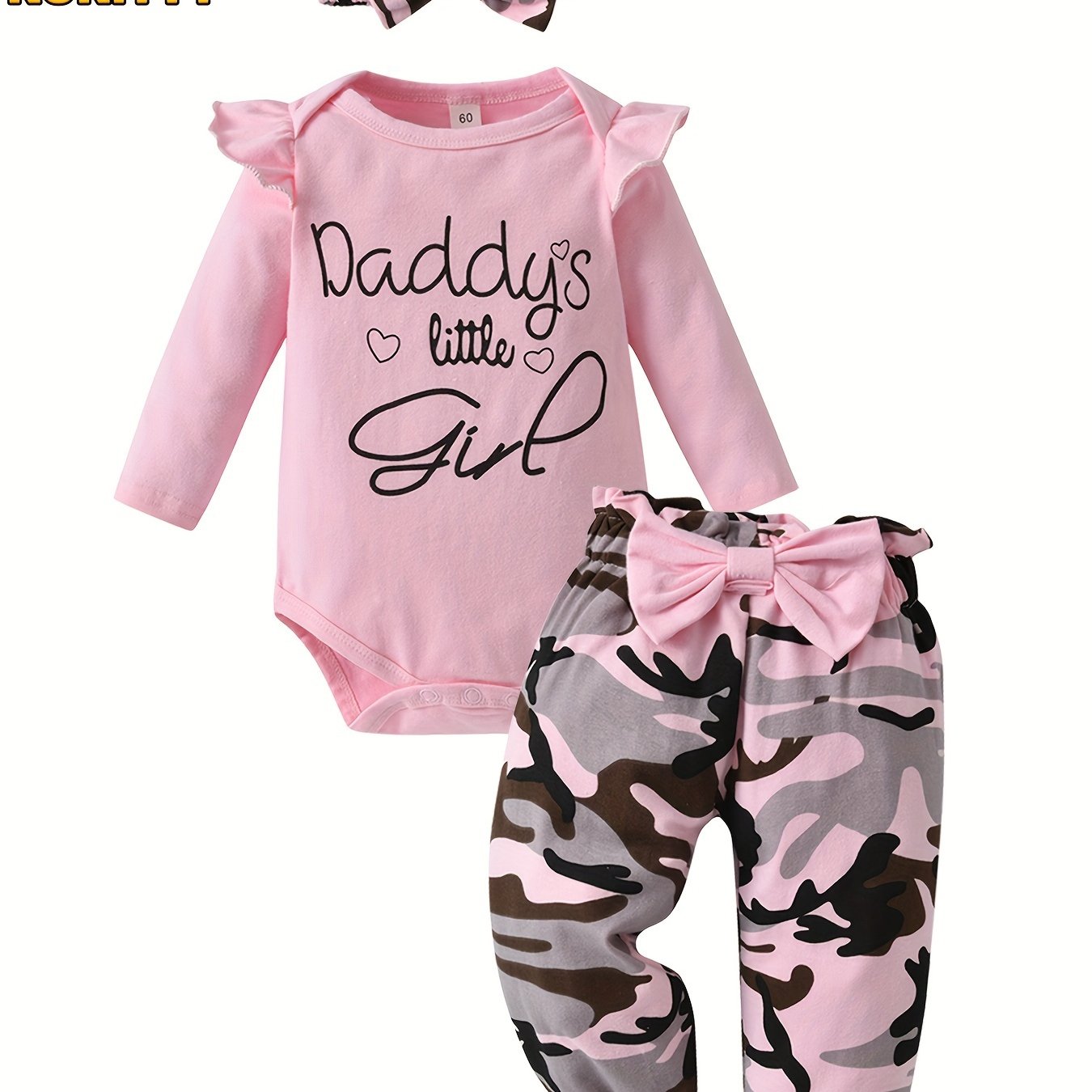 Baby Girl Long Sleeve Ruffle "Daddy's Little Girl" Top + Camouflage Bow Pant + Headband Newborn Outfit Set