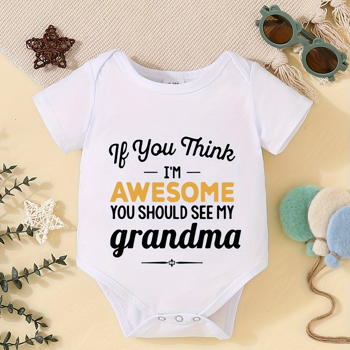 Baby's "Awesome Grandma" Print Onesie, Casual Short Sleeve Romper, Toddler & Infant Boy's Bodysuit