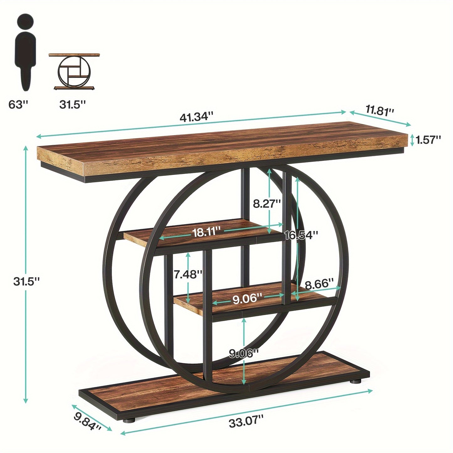 41.3" Rustic Brown Circle Base Console Table with 4-Tier Storage Shelves