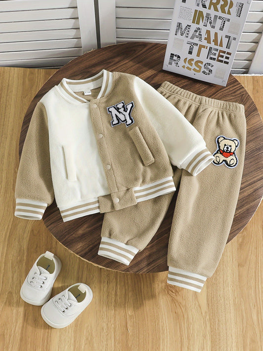 Infant Boys' Color Block Baseball Jacket with Pockets and Bear Patch Sweatpants Set