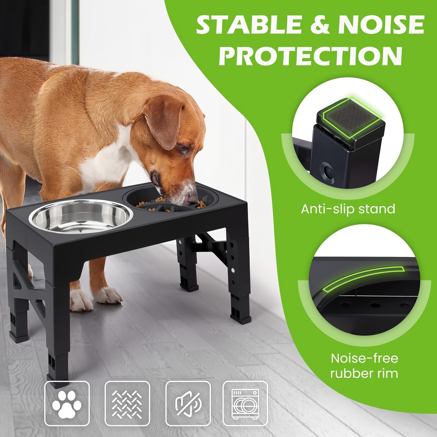 2 Stainless Steel Dog Food Bowls + 1 Slow Feeder Bowl -  5 Adjustable Heights Elevated Stand, for all dogs