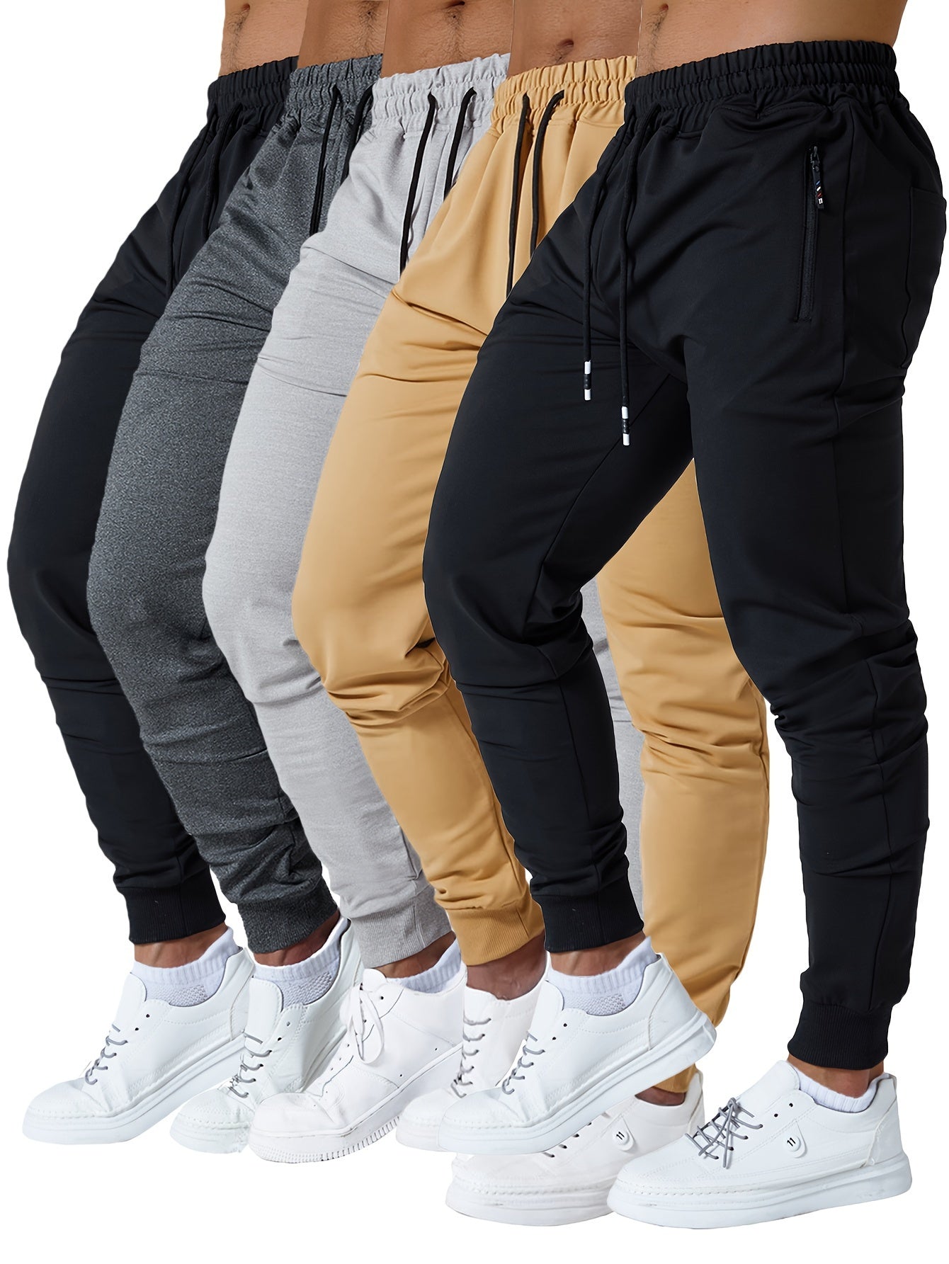 5 Pcs Men's Slim Fit Jogger Sweatpants - Medium Stretch, Zipped Pockets