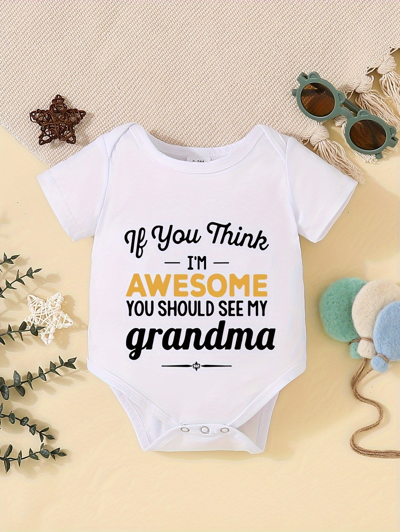 Baby's "Awesome Grandma" Print Onesie, Casual Short Sleeve Romper, Toddler & Infant Boy's Bodysuit