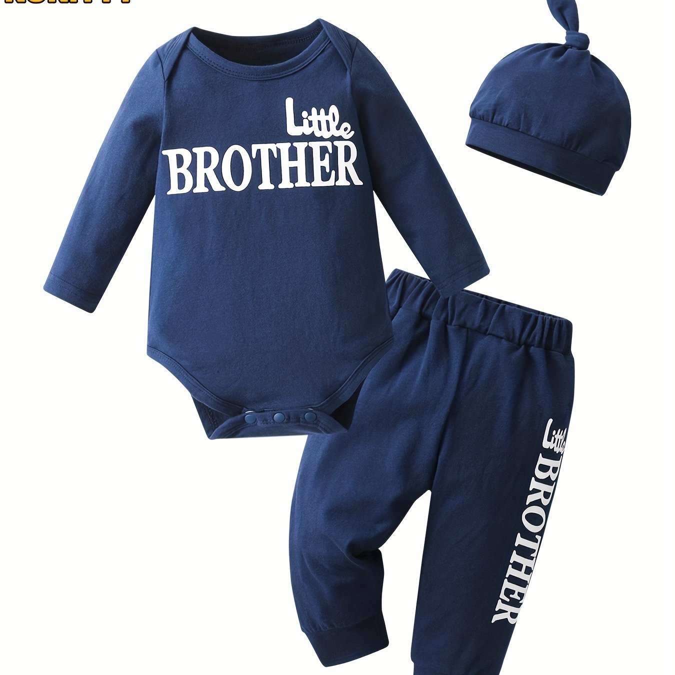 KuKitty Newborn Baby Boy Long Sleeve Little Brother Print Bodysuit Tops + Pants + Hat Infant 3Pcs Outfit Set