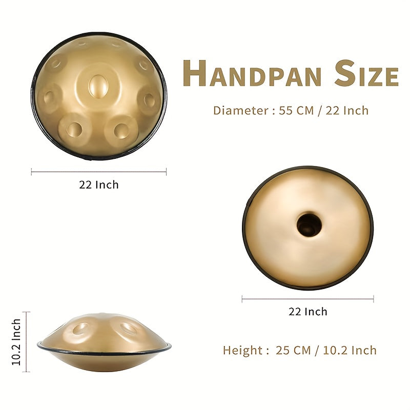 GLADFRESIT  Handpan Drum 22inch in D Kurd Minor with handpan stand, handpan case, durable mallets and dust-free cloth (Gold, 9-note, 440HZ)