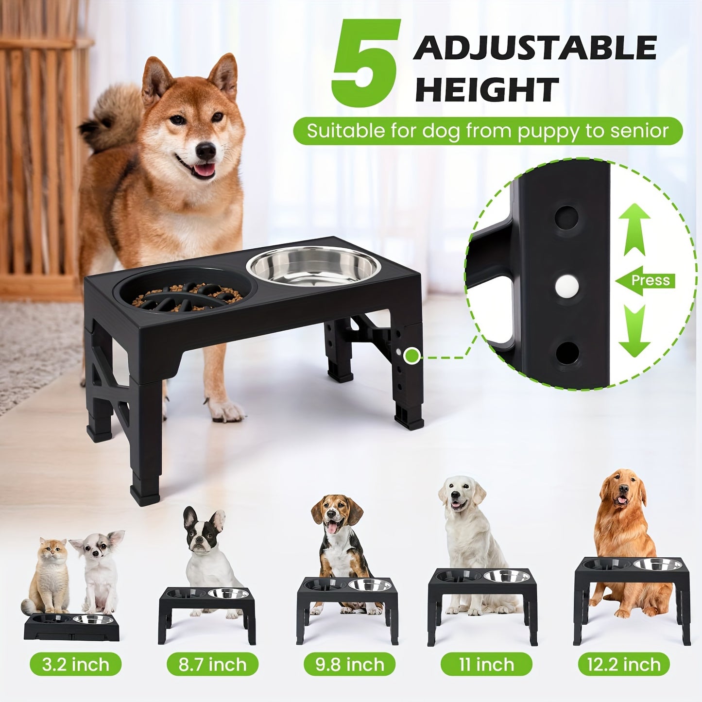 5-Adjustable-Height Elevated Dog Bowls Stand -