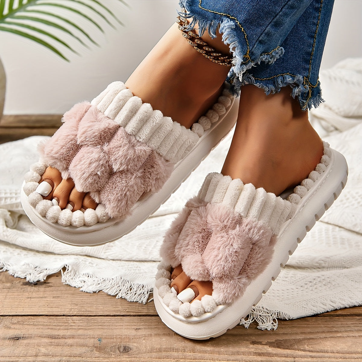 Honeycomb Plush Slippers For Women, Cozy & Warm Soft Sole Open Toe Shoes