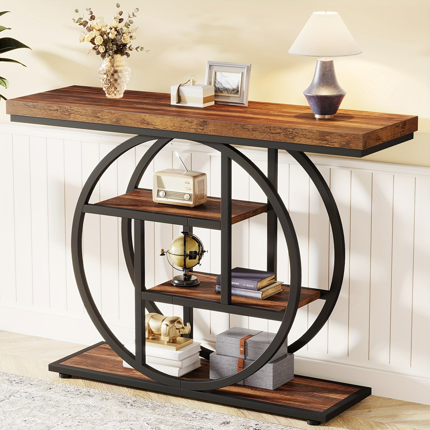 41.3" Rustic Brown Circle Base Console Table with 4-Tier Storage Shelves