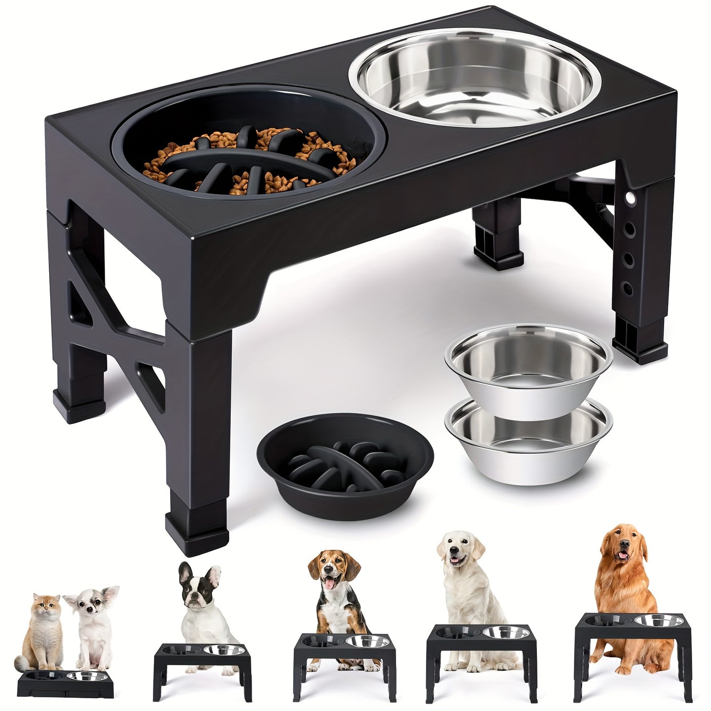 2 Stainless Steel Dog Food Bowls + 1 Slow Feeder Bowl -  5 Adjustable Heights Elevated Stand, for all dogs