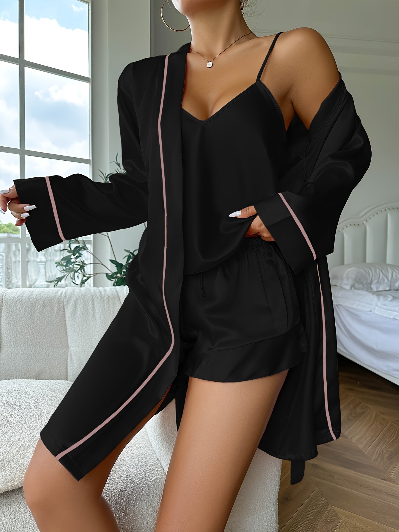 Luxurious Satin Pajama Set - Cozy Long Sleeve Robe with Belt, V-Neck Cami Top & Shorts