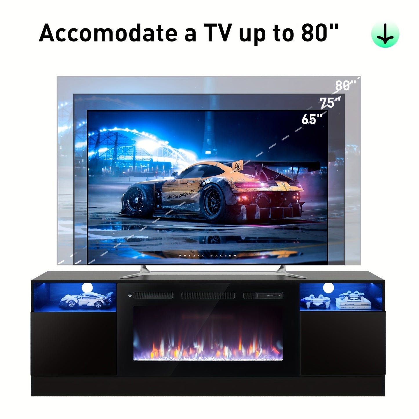 Fireplace TV Stand With 36"  With LED Lights For Living Room, 2 Tier TV Console Cabinet For TVs Up To 80", Black