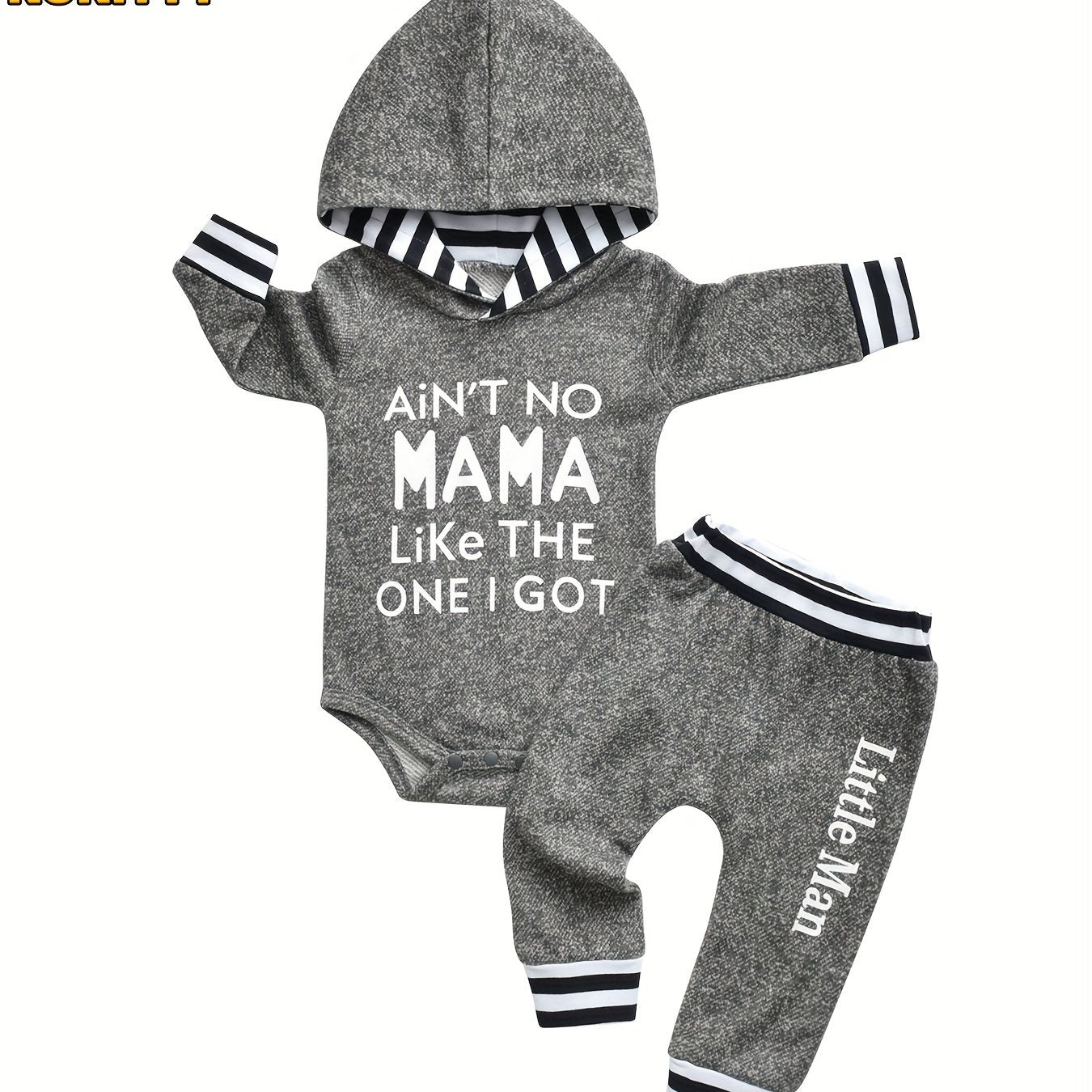 KuKitty Baby Boy Clothes Long Sleeve Striped Letter Printed Hoodie Bodysuit Tops Pants, 2Pcs Casual Set