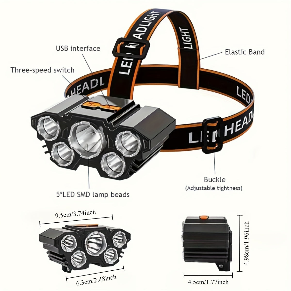 Buy 1 Get 1 Free, Total Of 2pcs Multifunctional 5LED Headlight Head Mounted Flashlight Outdoor USB