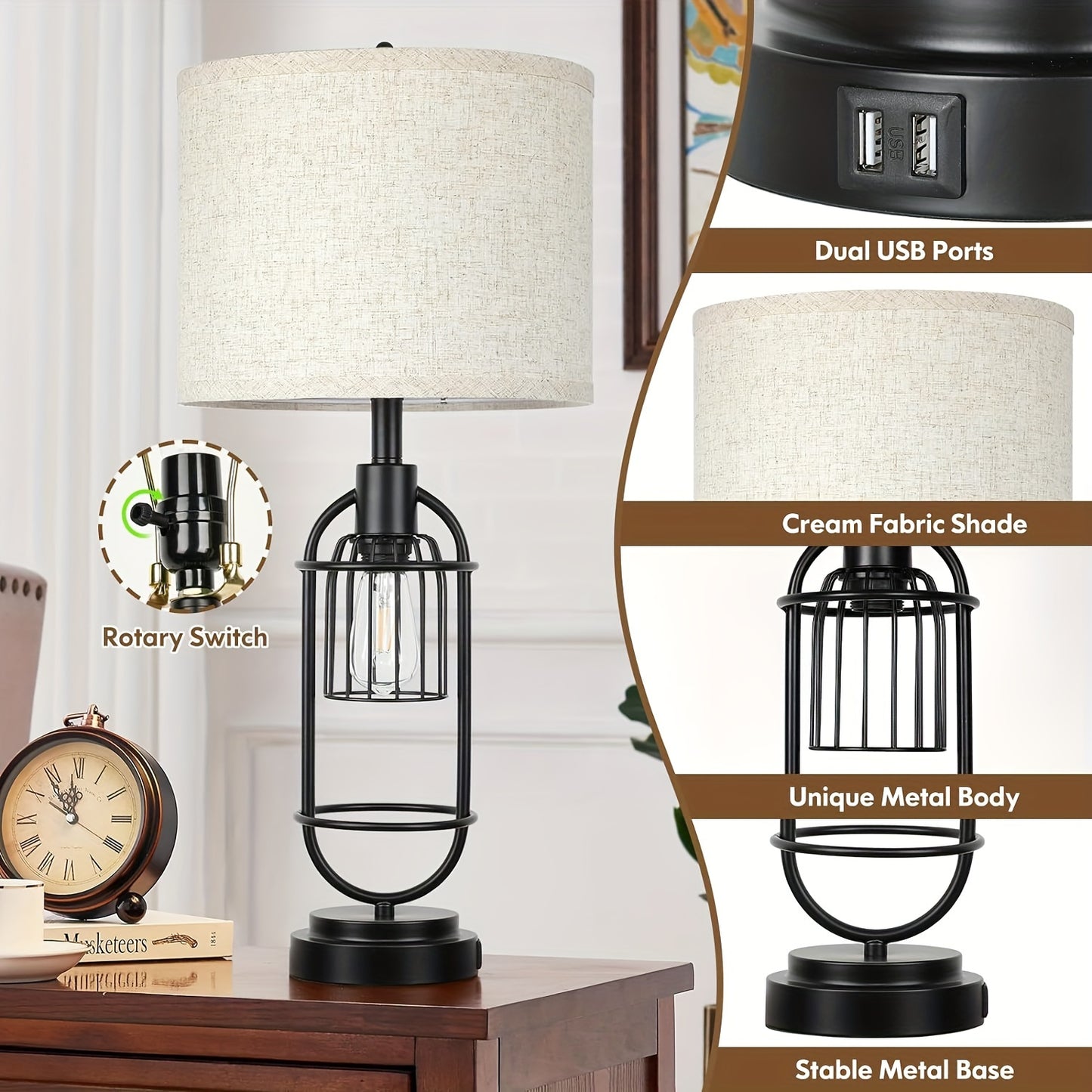 Set Of 2 Table Lamps For Living Room With USB Ports, 29" Tall 2-Light Bedside Lamps, Farmhouse Nightstand