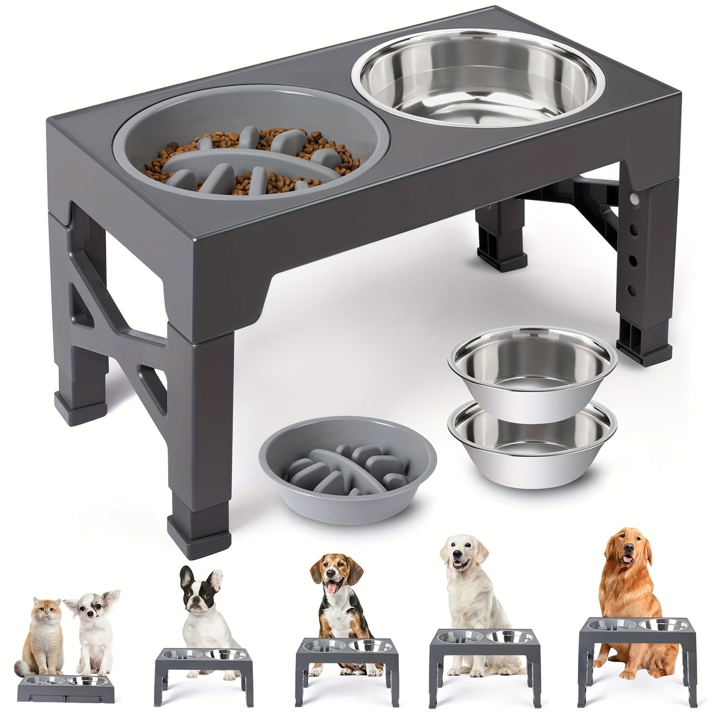 2 Stainless Steel Dog Food Bowls + 1 Slow Feeder Bowl -  5 Adjustable Heights Elevated Stand, for all dogs