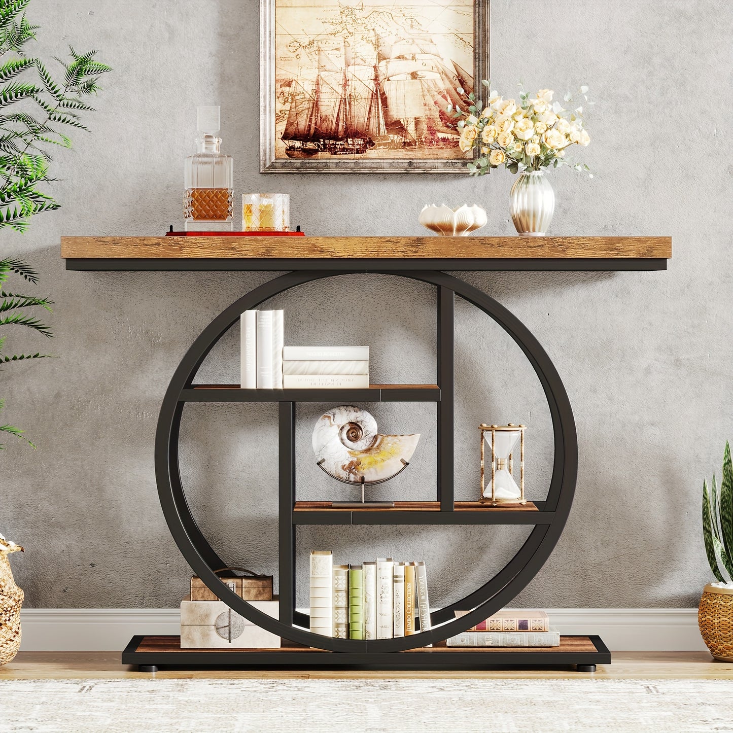 41.3" Rustic Brown Circle Base Console Table with 4-Tier Storage Shelves