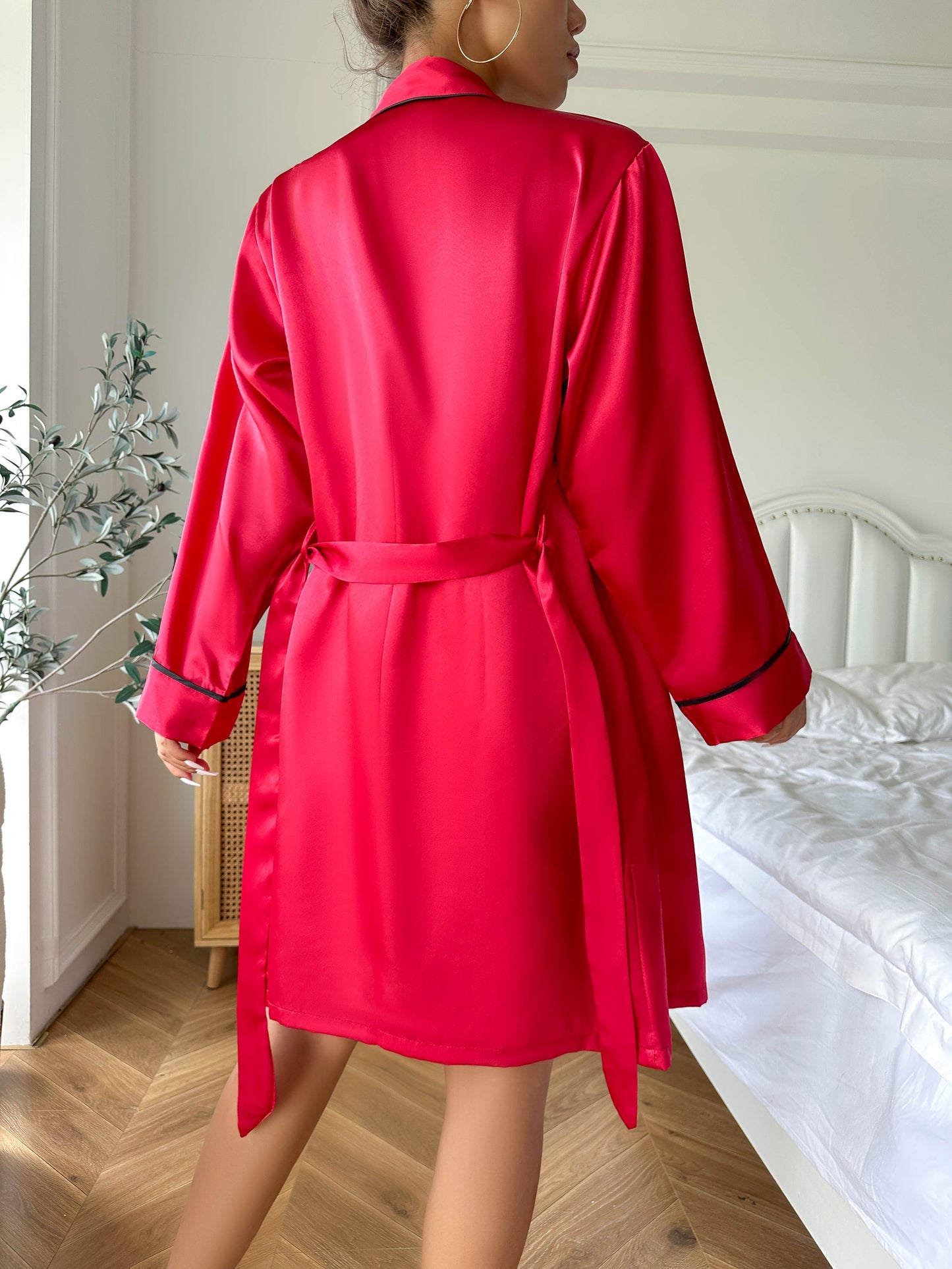 Luxurious Satin Pajama Set - Cozy Long Sleeve Robe with Belt, V-Neck Cami Top & Shorts