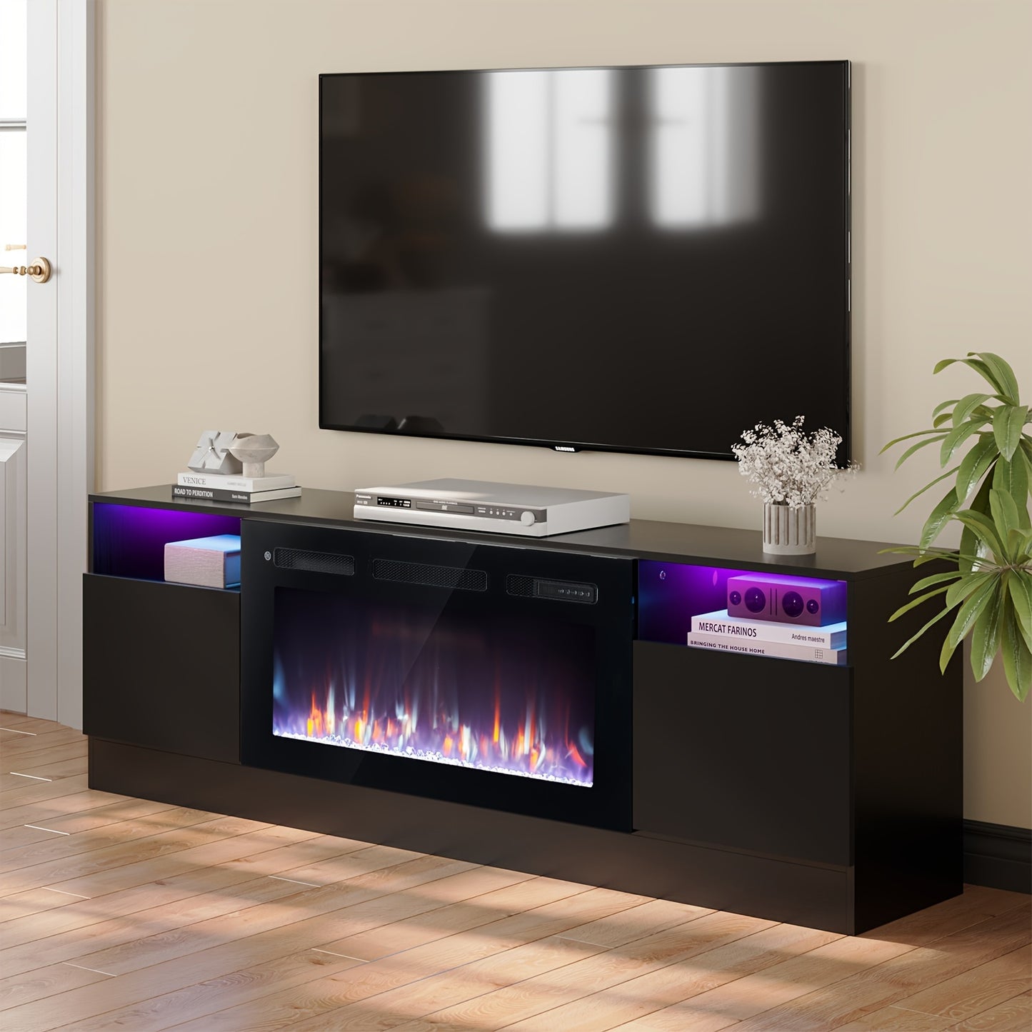 Fireplace TV Stand With 36"  With LED Lights For Living Room, 2 Tier TV Console Cabinet For TVs Up To 80", Black